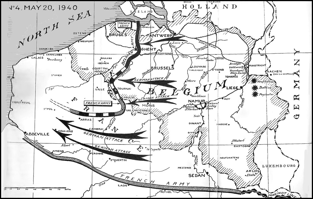 De Duitse opmars van Sedan naar de Kanaalkust bij Abbeville; op 20 mei bereikt de 10e Panzerdivision de kust en is het geallieerde leger ingesloten.